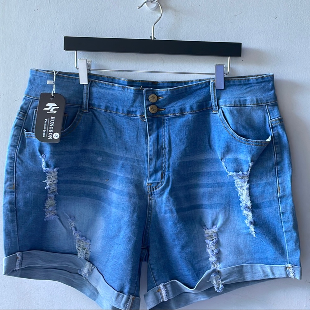 Blue Distressed Jean Shorts Relaxed Fit